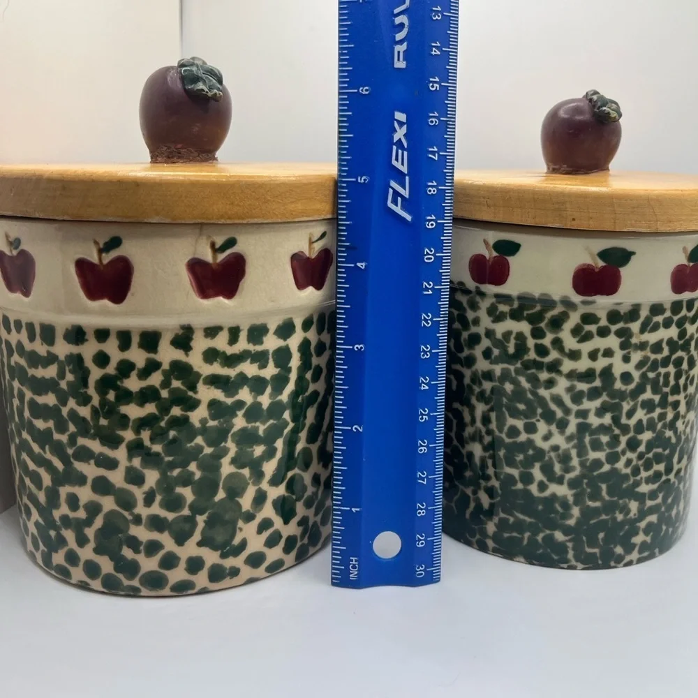 Vintage 90’s Country Apple Green Spongeware Stoneware Crocks/Canisters-set of 2